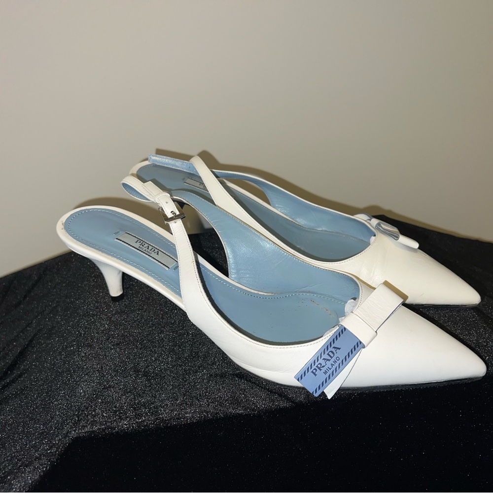 Authentic PRADA Bow Detailed Pointed Toe Slingback Kitten Heel